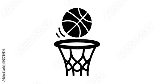 Basketball going through the hoop in a simple black and white illustration.