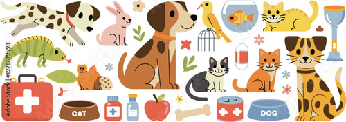 Pet care vector collection featuring domestic animals medical kit food bowls and veterinary supplies for animal clinic and pet shop.
