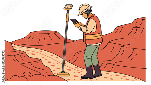 Surveyor Using GPS Equipment in Desert Landscape,  An illustration shows a lone male surveyor with GPS surveying equipment, a tablet, standing on a dirt path in a vast desert landscape with red rock 