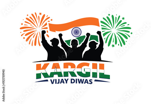 Celebratory image depicting silhouettes of people with fireworks and the indian flag for kargil vijay diwas