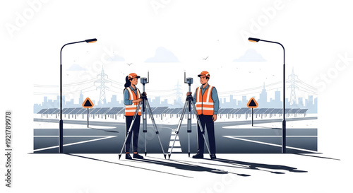 Surveying Team with Total Stations at Sunrise, Vector Illustration, GNSS GPS Pole, flat vector illustration of a surveying team, a woman and a man, each using a total station on tripods