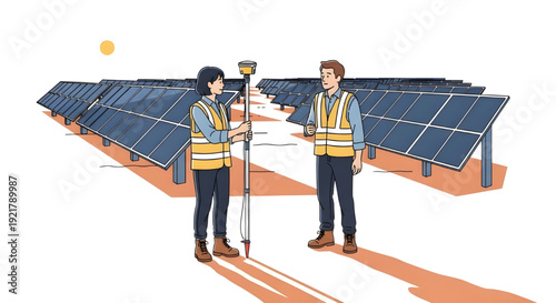 Two Surveyors with Total Station and Tablet, Solar Farm Illustration, Flat illustration of two surveyors, a woman holding a GPS GNSS pole and a man with a tablet, in a solar farm under a bright sun.