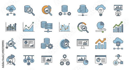 Collection of Data Analysis and Technology Icons.