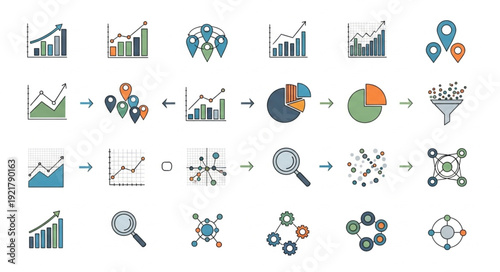 Collection of business analytics and data visualization icons.