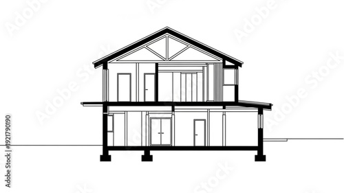 Architectural cross section drawing of a modern house.