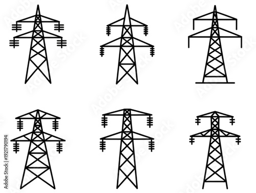 Set of high voltage power line pylon icons, electrical transmission tower vector illustrations for energy industry