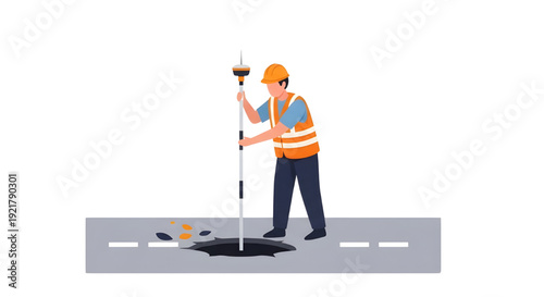Surveyor with RTK rover measuring pothole on asphalt road, Vector illustration of a male land surveyor in an orange safety vest and helmet, holding a GNSS RTK rover on a pole, measuring a pothole