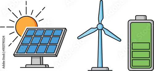 Renewable energy vector illustration featuring solar panel wind turbine and battery storage icons for sustainable power generation and clean energy technology concepts