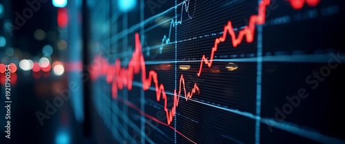 Dynamic stock market data visualizations flicker across a futuristic cityscape, with a slow pan camera motion and gentle ambient light shifts, creating a cinematic, tech-forward atmosphere.