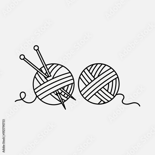 Knitting Yarn Balls with Needles Vector Illustration – Handcraft Wool Skein Line Art Icon
