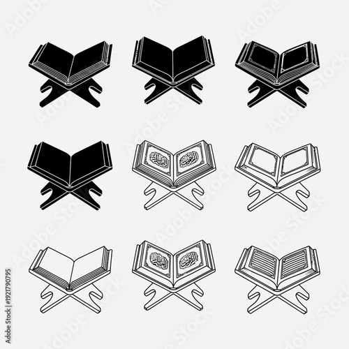 Holy Quran Icon Set Vector – Open Islamic Book Line and Solid Style Religious Symbol Collection