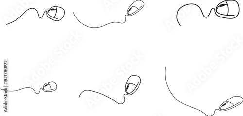 Continuous line drawing of computer mouse icons on transparent background