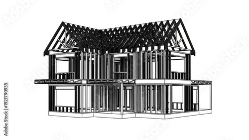 Architectural drawing of a modern house under construction.
