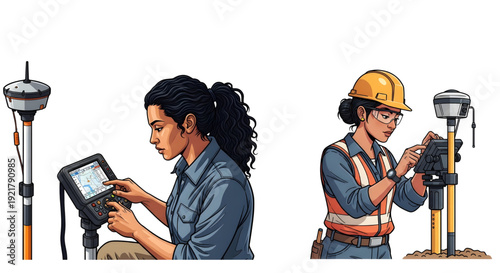 Women surveyors with GNSS controller and total station,  illustration in a comic book style of two female land surveyors. One woman holds a large GNSS controller, and the other uses a total station