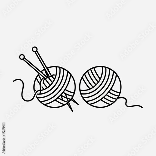 Knitting Yarn Balls with Needles Vector Illustration – Handcraft Wool Skein Line Art Icon