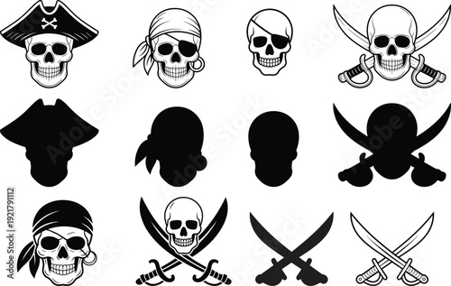 Pirate skull and crossbones icons, skeleton face, danger symbol, evil emblem, vintage silhouette