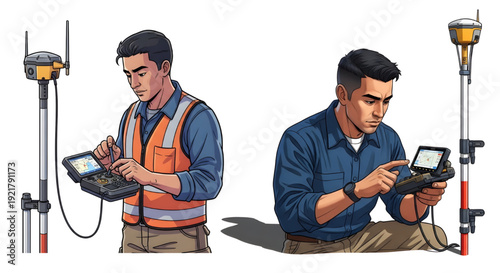 Close-up of Surveyors with GPS Controllers, AI Vector Illustration, GNSS Pole Vector, Operating GPS controllers and data collectors next to GNSS rover poles