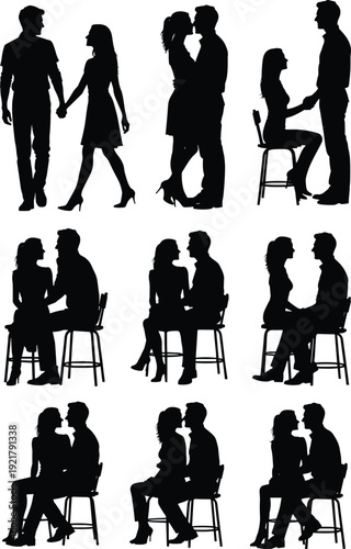 Romantic couple silhouettes collection, loving pairs sitting standing and kissing, black vector illustration isolated on white background