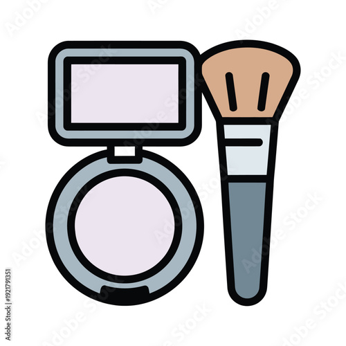 Illustration of a compact powder case with a mirror and a makeup brush, essential tools for cosmetic application and beauty routines.