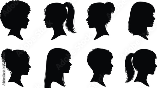 Hairstyle silhouettes illustration, diverse hair types female profile character design, vector artwork, fashion and education theme, isolated background