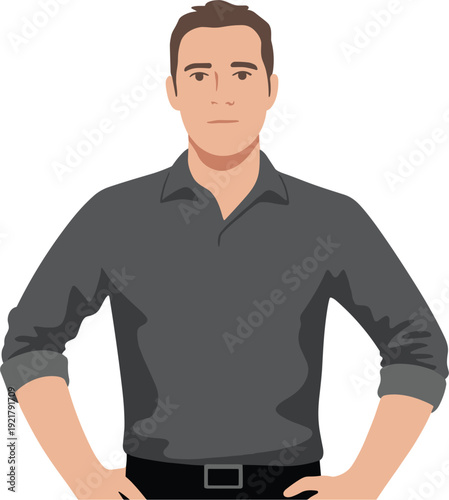 Flat design vector illustration of a confident professional man in a grey shirt with hands on hips