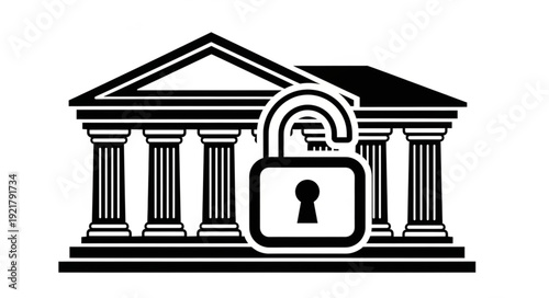 Bank Building with Open Padlock Symbolizing Security and Access.