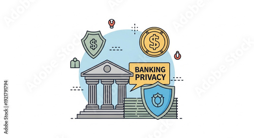 Banking privacy concept with bank building shield and coin.