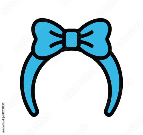 A simple cartoon illustration of a vibrant blue headband adorned with a matching bow, featuring a bold black outline.