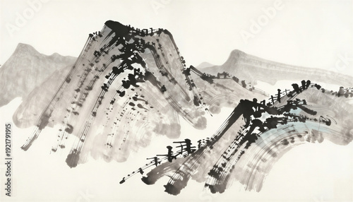 Abstract black and white mountain landscape in traditional style  