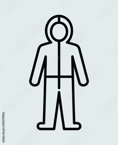 Line art icon of a person wearing a full-body protective suit with a hood, resembling a hazmat or cleanroom suit.