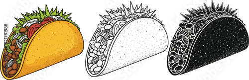 Taco illustration set, colorful filled version, line drawing, silhouette style, Mexican food design concept, culinary vector artwork collection for restaurant branding and cuisine themes