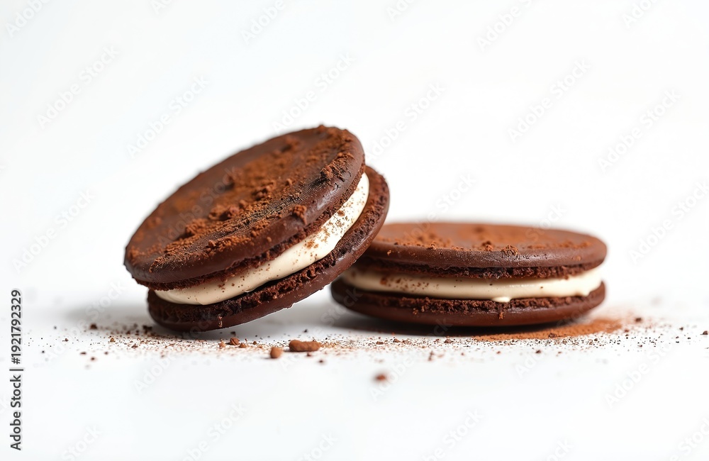 Fototapeta premium Two chocolate sandwich cookies with cream filling dusted with cocoa powder. Delicious homemade biscuits arranged on white background, perfect snack.