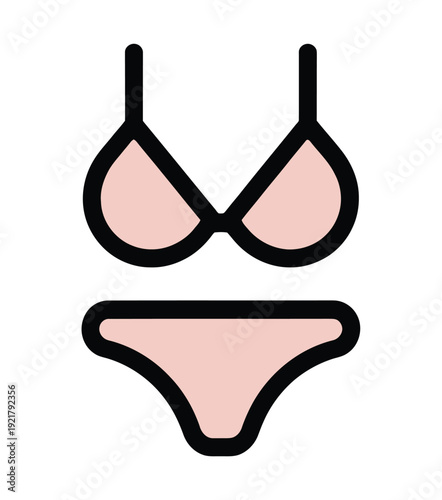 Simple icon illustration of a light pink two-piece bikini swimsuit with black outlines.