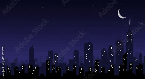 City skyline at night with crescent moon and illuminated buildings.