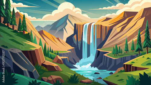 Minimal cartoon vector of a wide tall waterfall falling down steep mountain slope with open natural scenery flat clean design