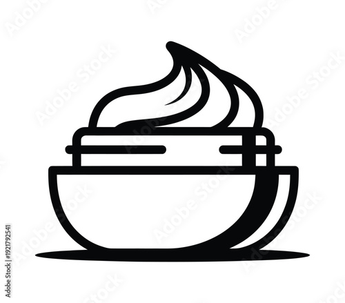 Minimalist black and white line art icon depicting a bowl or jar filled with a swirl of creamy substance, possibly a cosmetic product or a food topping.