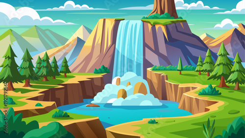 Cartoon vector illustration of a tall layered waterfall flowing down mountain wall surrounded by green landscape flat minimal style