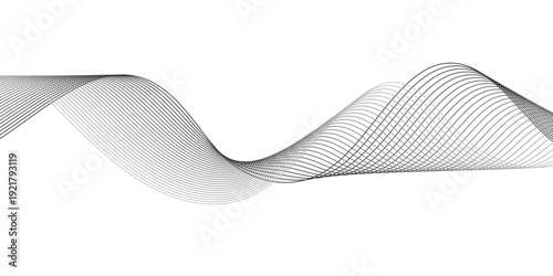 Abstract Minimalist Sound Wave Pattern Featuring Fluid Grey Curves and Geometric Flow Smooth Monochrome Grayscale Vector Design on White Background.