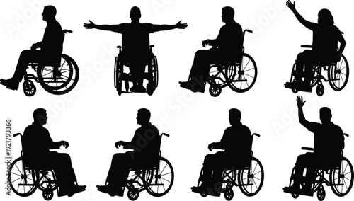 Wheelchair user silhouettes collection, disabled people in various seated poses, black vector illustration isolated on white background