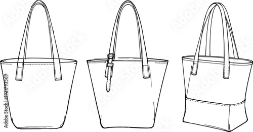 Women leather tote bag technical drawing set, handbag front side back views, fashion flat sketch, outline vector illustration template design