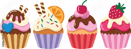 Cupcake vector illustration, colorful frosting, chocolate wafer sticks, cherry topping, strawberry topping, orange slice, sprinkles, sweet dessert, baking theme, celebration food, cartoon style