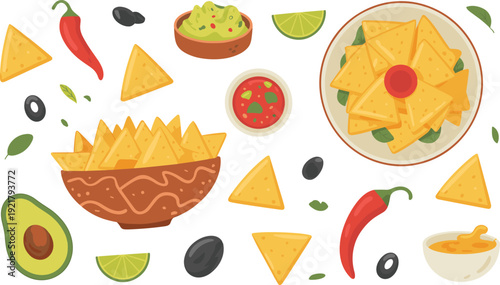 Mexican food vector illustration, nachos, tortilla chips, guacamole, salsa, melted cheese dip, avocado slices, lime wedges, chili peppers, black olives, snack, appetizer, cuisine