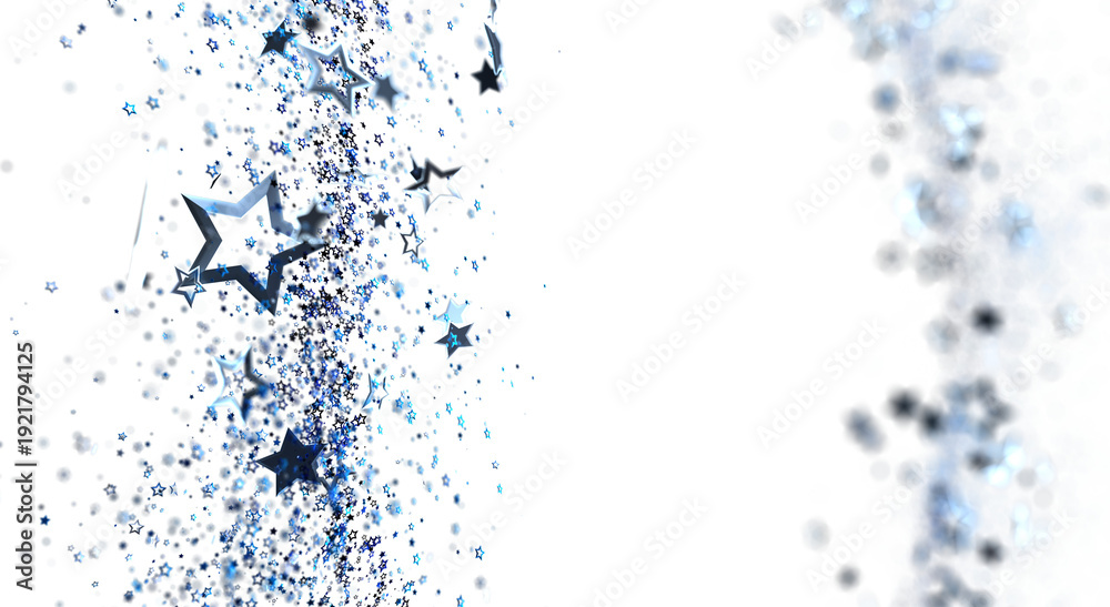 Obraz premium Artistic image of sparkling blue stars and confetti on a clean white backdrop. Perfect for elegant and festive designs.