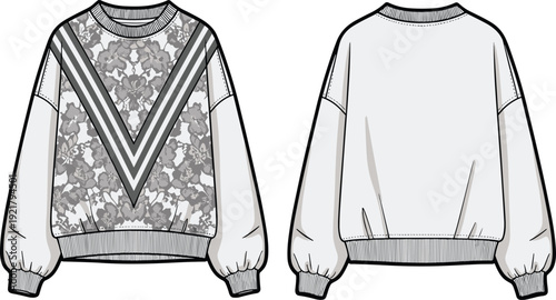 Women sweatshirt front and back view, floral pattern with chevron stripes, oversized long sleeve pullover mockup, fashion vector illustration template