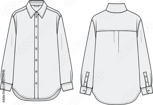 Women long sleeve button down shirt front and back view, classic collar blouse, fashion technical drawing, vector apparel template illustration