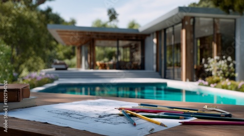 Modern home architecture blueprint with swimming pool and colored pencils