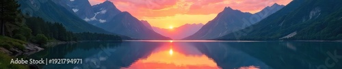 Serene mountain lake reflecting a vibrant sunset, surrounded by lush green forests and towering peaks Perfect for travel, nature, and environmental themes , sky, water