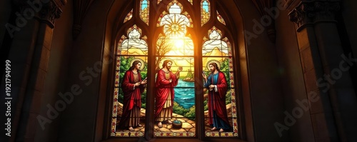 Serene stained glass window depicting a biblical scene, bathed in sunlight Perfect for religious themes, faith, spirituality, and Easter imagery , bible, devotion