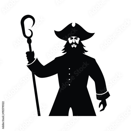 Pirate captain with a hook hand and tricorn hat in a standing pose black and white silhouette icon