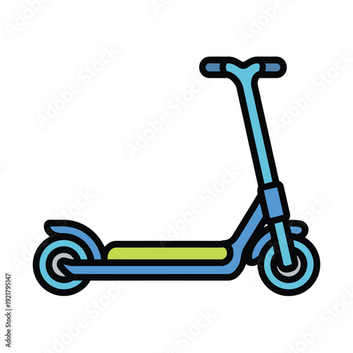 Simple cartoon illustration of a blue kick scooter with a green footboard, ideal for urban transport and leisure activities.